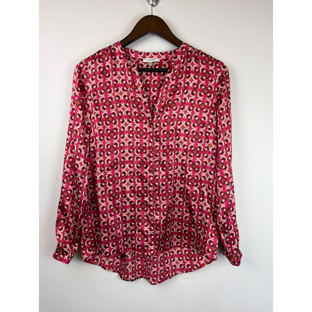 Tyler Boe Silk Blouse 4 Red Pink Geometric Mod Print V-Neck Long Sleeve Top